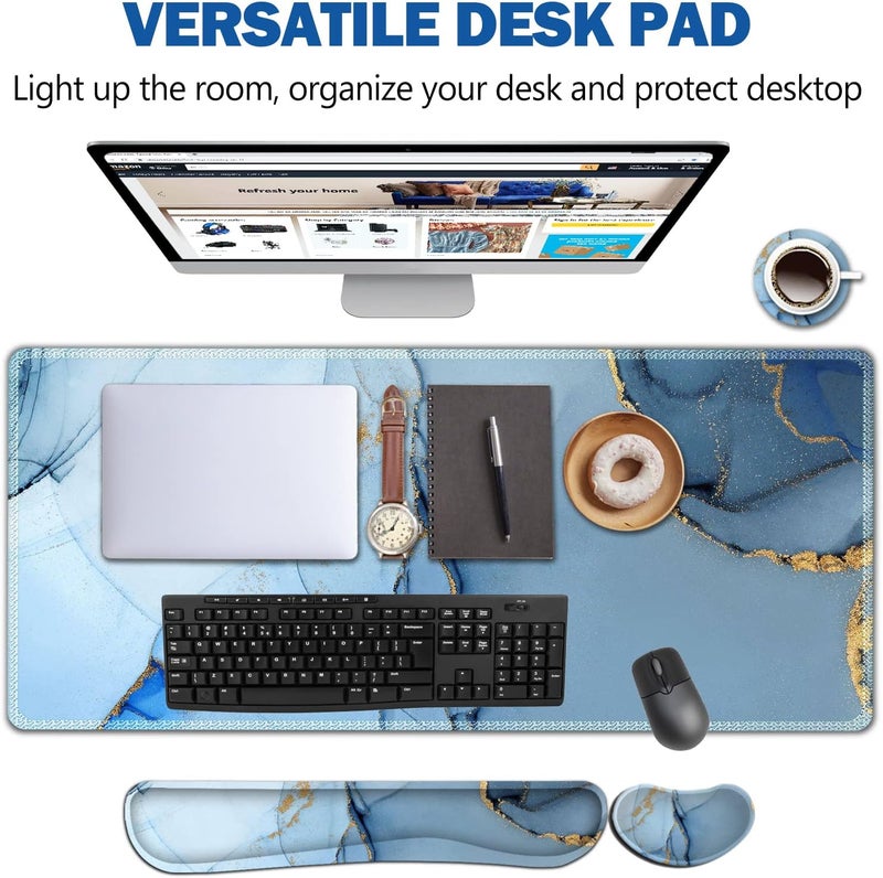 AIMSA Large Gaming Mouse Pad Set, Keyboard Wrist Rest Support Mouse Pad, Ergonomic Memory Foam Multifunctional Extended Desk Mat 35x15.7in Anti-Slip Rubber Base for Office Home, Blue Marble - Image 2